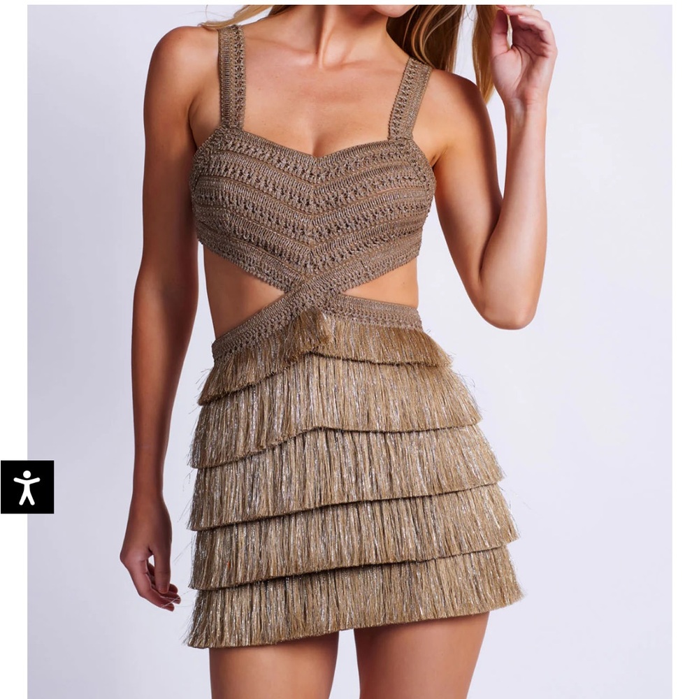 PatBO Gold Fringe Tiered Mini Dress